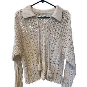 American Eagle Crochet Polo Sweater Cream Womens Medium Open Knit Tassel Boho